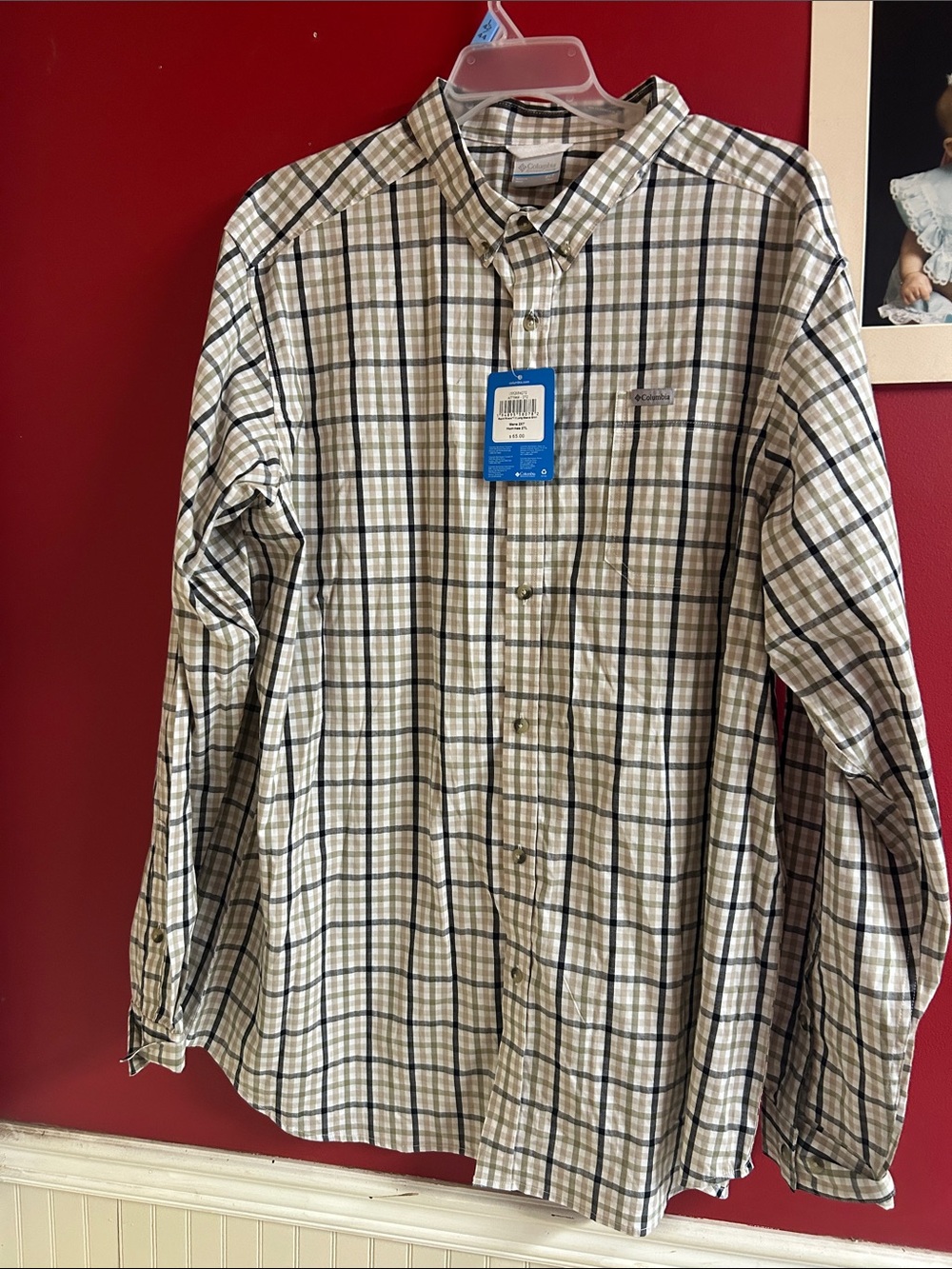 Columbia Men’s Beige Plaid Long-Sleeve Button-Up Shirt 2XT tall